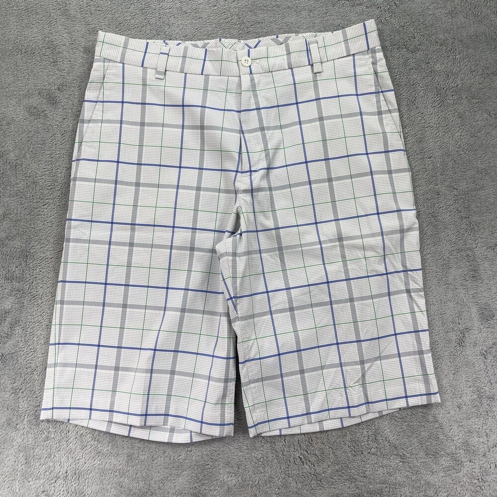Nike Golf Shorts Mens 36 White Gray Windowpane Print Stretch Swoosh Flat Front